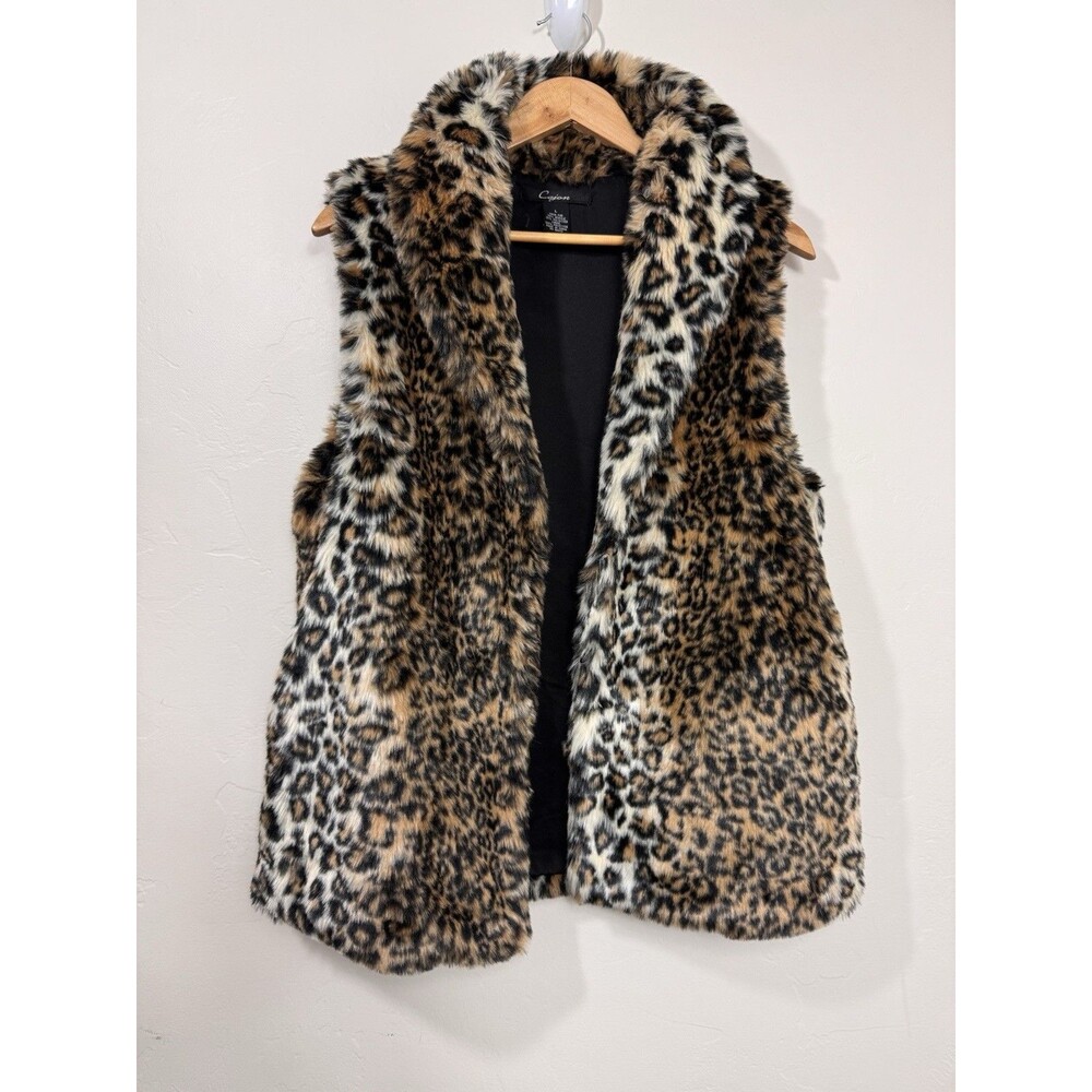 Faux Fur Vest Leopard Animal Print w/Pockets Hook & Eye Woman's Large Gilded Age
